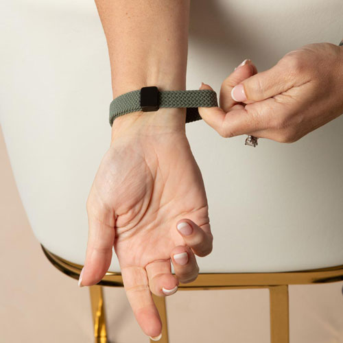 Sleek Urban Stretch Medical Alert Bracelet in Green and Silver, designed for easy on-and-off wear with a durable stretch band