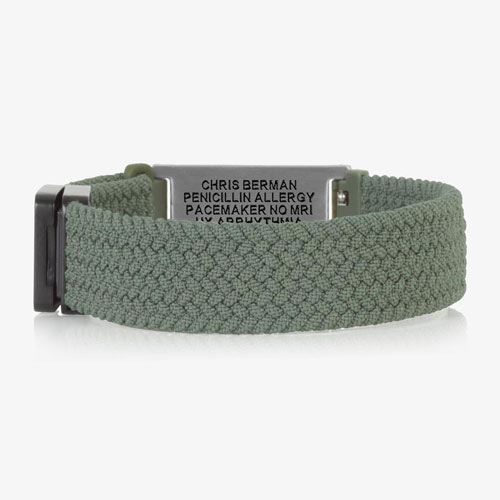Urban Stretch Medical Alert Bracelet Band in Green and Silver, featuring a sleek design and woven stretch band for convenience and comfort