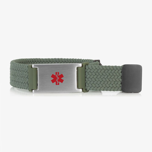 Urban Stretch Medical Alert Bracelet Band in Green and Silver, featuring a sleek design and woven stretch band for convenience and comfort