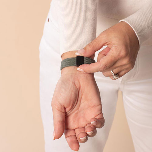 Urban Stretch Medical Alert Bracelet Band in Green and Silver, featuring a sleek design and woven stretch band for convenience and comfort