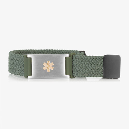 Urban Stretch Medical ID Bracelet in Green and Silver with woven and braided stretch band, featuring a gold medical caduceus symbol