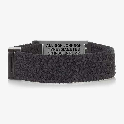 Urban Stretch Medical Alert Bracelet Band in Black and Silver with Carbon Fiber inlay, featuring a sleek design and woven stretch band for convenience and comfort