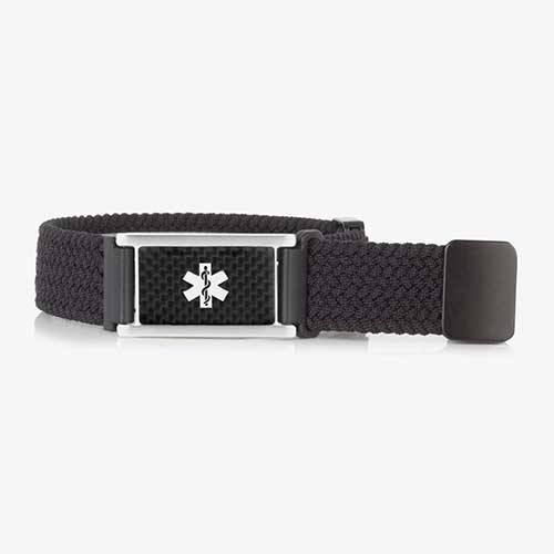 Urban Stretch Medical Alert Bracelet Band in Black and Silver with Carbon Fiber inlay, featuring a sleek design and woven stretch band for convenience and comfort