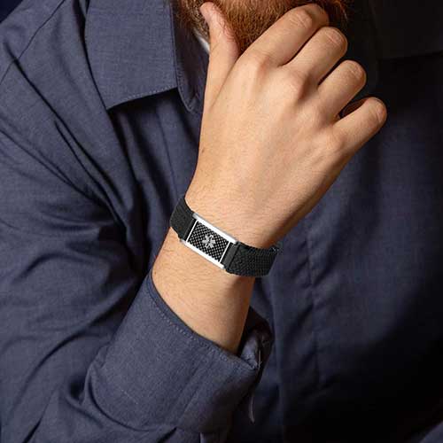 Urban Stretch Medical ID Bracelet in Black Stretch with a Carbon Fiber Medical ID tag for clear medical identification.