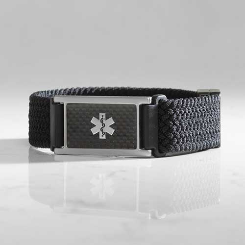 Urban Stretch Medical Alert Bracelet Band in Black and Silver with Carbon Fiber inlay, featuring a sleek design and woven stretch band for convenience and comfort