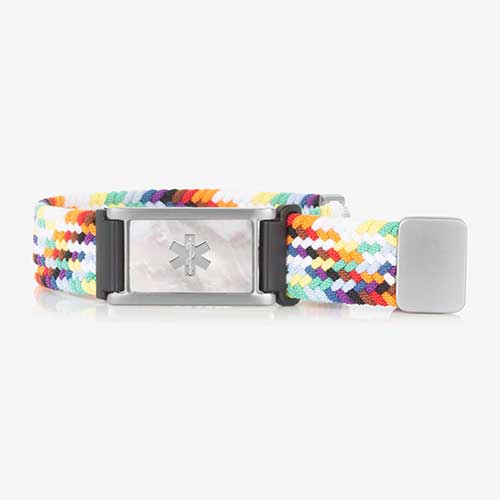 Modern Urban Stretch Medical ID Bracelet in Rainbow and Silver with a stretch band and silver medical caduceus symbol, offering comfort and style