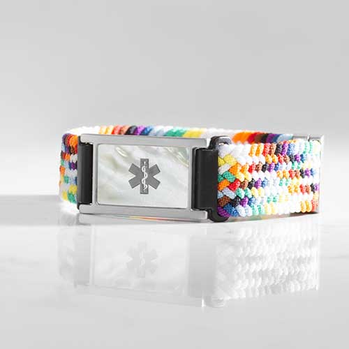 Stylish Urban Stretch Medical Alert Bracelet in Rainbow and Silver with Mother of Pearl inlay, featuring a vibrant rainbow pattern and durable stretch band for comfort