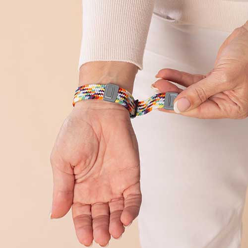 Comfortable Urban Stretch Medical Alert Bracelet in Rainbow and Silver, featuring a stretch band and Silver medical caduceus symbol for emergency identification