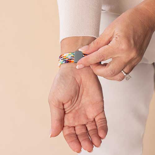 Comfortable Urban Stretch Medical Alert Bracelet in Rainbow and Silver, featuring a stretch band and Silver medical caduceus symbol for emergency identification