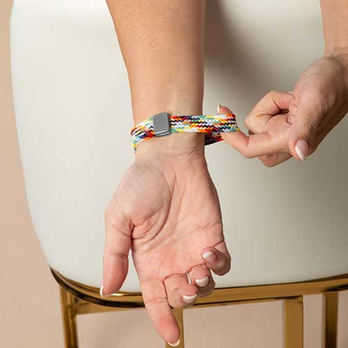 Comfortable Urban Stretch Medical Alert Bracelet in Rainbow and Silver, featuring a stretch band and Silver medical caduceus symbol for emergency identification