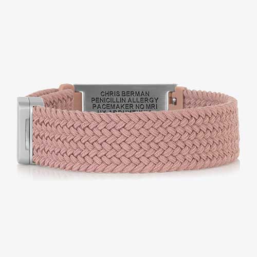 Urban Stretch Medical Alert Bracelet Band in Rosewood and Silver, featuring a sleek design and woven stretch band for convenience and comfort