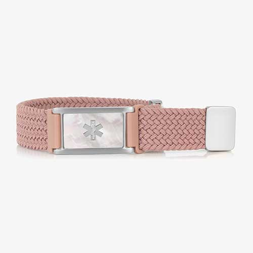 Urban Stretch Medical Alert Bracelet Band in Rosewood and Silver, featuring a sleek design and woven stretch band for convenience and comfort