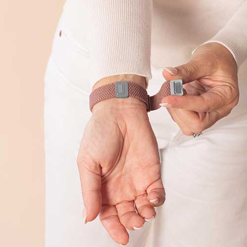 Urban Stretch Medical Alert Bracelet Band in Rosewood and Silver, featuring a sleek design and woven stretch band for convenience and comfort