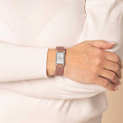 Urban Stretch Medical ID Bracelet in Rosewood and Silver, shown on wrist, featuring a Mother Of Pearl inlay.