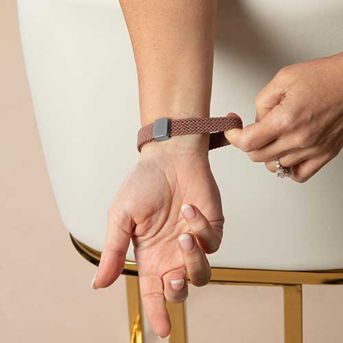 Urban Stretch Medical Alert Bracelet Band in Rosewood and Silver, featuring a sleek design and woven stretch band for convenience and comfort
