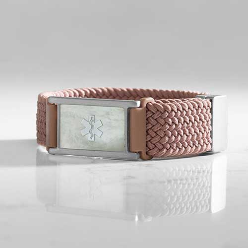 Urban Stretch Medical Alert Bracelet Band in Rosewood and Silver, featuring a Mother of Pearl inlay and Silver caduceus.