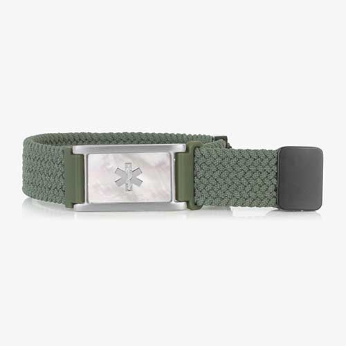 Urban Stretch Medical Alert Bracelet Band in Green and Silver with Mother of Pearl InLay, featuring a sleek design and woven stretch band for convenience and comfort