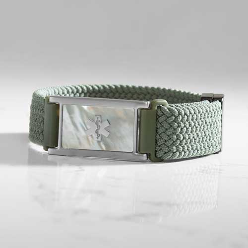Urban Stretch Magnetic medical ID bracelet with Mother Of Pearl InLay on marble background