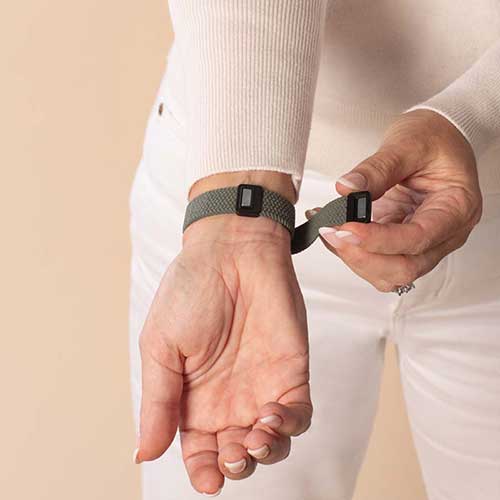 Urban Stretch Medical ID Bracelet in Green and Silver with a woven band and Mother of Pearl inlay for safety and style