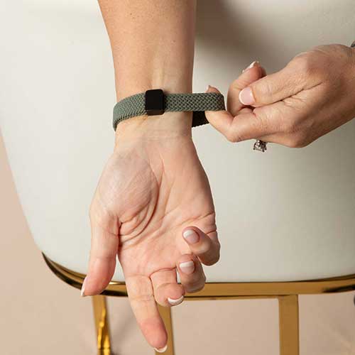 Sleek Urban Stretch Medical Alert Bracelet in Green and Silver with Mother of Pearl inlay, designed for easy on-and-off wear with a durable stretch band