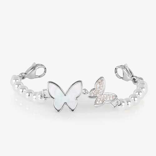 Serenity Stretch Bracelet with silver beads, featuring a double butterfly centerpiece with crystals and mother of pearl inlay