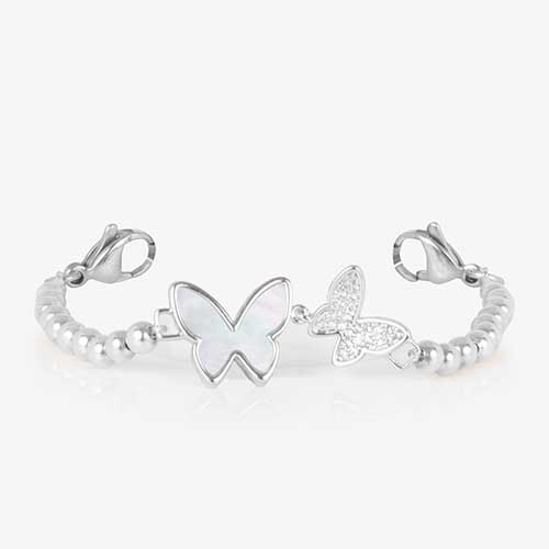 Serenity Stretch Bracelet with silver beads, featuring a double butterfly centerpiece with crystals and mother of pearl inlay