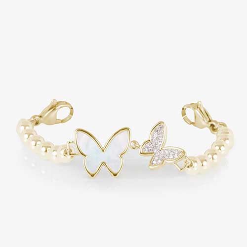 Serenity Stretch medical ID bracelet featuring gold filled beads and adouble butterfly centerpiece adorned with crystal and mother of pearl inlay.