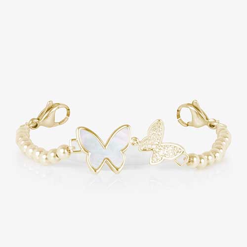 Serenity Stretch medical ID bracelet featuring gold filled beads and adouble butterfly centerpiece adorned with crystal and mother of pearl inlay.