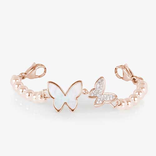 Serenity Stretch medical ID bracelet featuring rose gold filled beads and a double butterfly centerpiece adorned with crystal and mother of pearl inlay.