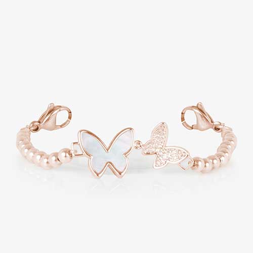 Serenity Stretch medical ID bracelet featuring rose gold filled beads and a double butterfly centerpiece adorned with crystal and mother of pearl inlay.