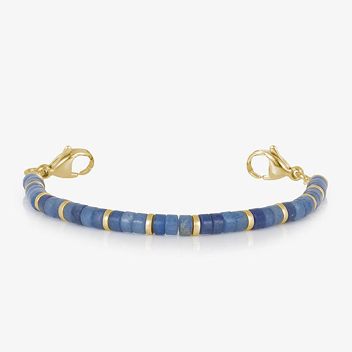 Single-strand medical ID bracelet made with round denim-blue aventurine heishi beads and gold-tone spacer rings, shown with gold lobster clasps on each end.