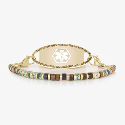 Men’s Cedar medical ID bracelet shown with gold medical alert tag and earthy-toned disc beads in jade, wood, and black hues, designed for durable everyday wear with secure lobster clasps.