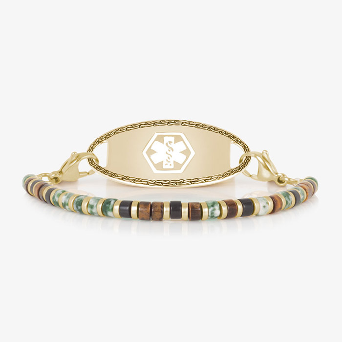 Men’s Cedar medical ID bracelet shown with gold medical alert tag and earthy-toned disc beads in jade, wood, and black hues, designed for durable everyday wear with secure lobster clasps.