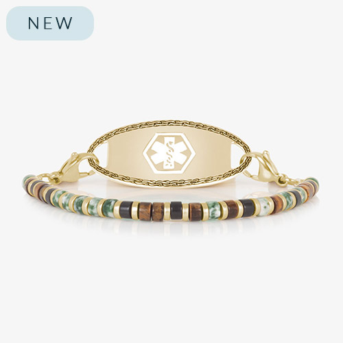 Men’s Cedar medical ID bracelet shown with gold medical alert tag and earthy-toned disc beads in jade, wood, and black hues, designed for durable everyday wear with secure lobster clasps.