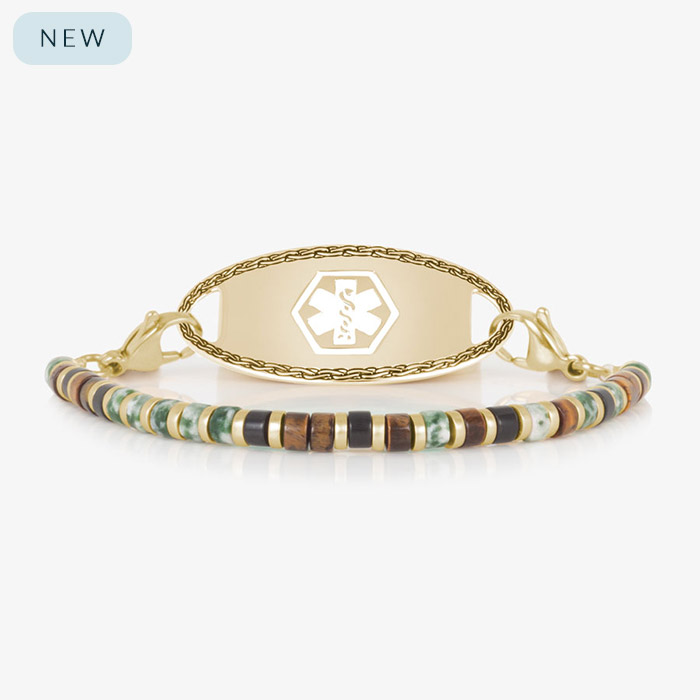 Men’s Cedar medical ID bracelet shown with gold medical alert tag and earthy-toned disc beads in jade, wood, and black hues, designed for durable everyday wear with secure lobster clasps.