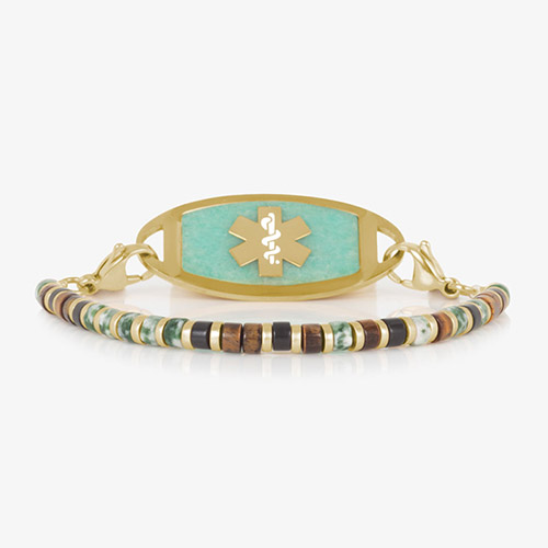 Gold medical ID bracelet with an Amazonite inlay tag and multicolor disc beaded strand featuring green, brown, cream, and black hues – Lauren’s Hope Ember women's medical alert bracelet.