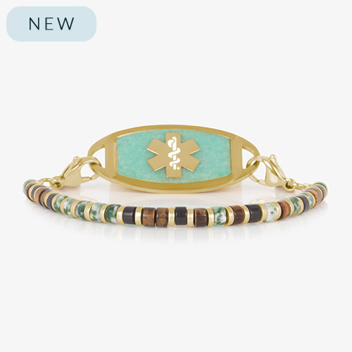 Gold medical ID bracelet with an Amazonite inlay tag and multicolor disc beaded strand featuring green, brown, cream, and black hues – Lauren’s Hope Ember women&#39;s medical alert bracelet.
