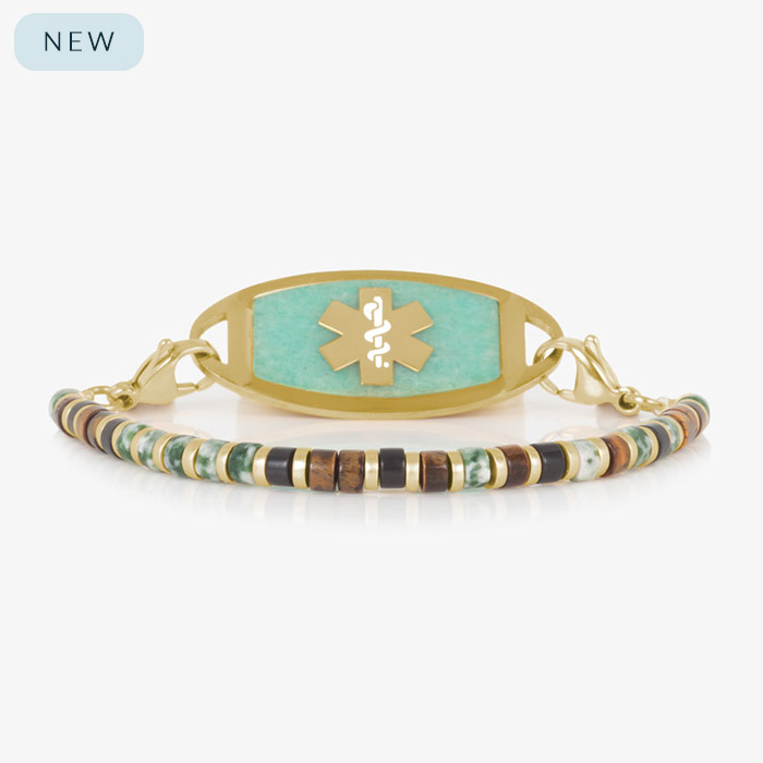 Gold medical ID bracelet with an Amazonite inlay tag and multicolor disc beaded strand featuring green, brown, cream, and black hues – Lauren’s Hope Ember women's medical alert bracelet.