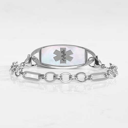 Classic silver tone chain in alternating link sizes and shapes which attaches to a tag using the 2 lobster clasps, displayed with a medical ID tag with a silver tone medical symbol, and Mother of Pearl inlay.