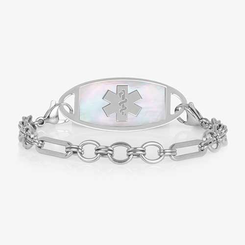 Classic silver tone chain in alternating link sizes and shapes which attaches to a tag using the 2 lobster clasps, displayed with a medical ID tag with a silver tone medical symbol, and Mother of Pearl inlay.