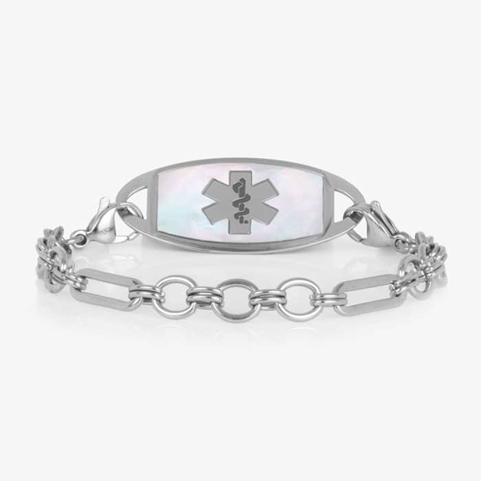 Classic silver tone chain in alternating link sizes and shapes which attaches to a tag using the 2 lobster clasps, displayed with a medical ID tag with a silver tone medical symbol, and Mother of Pearl inlay.