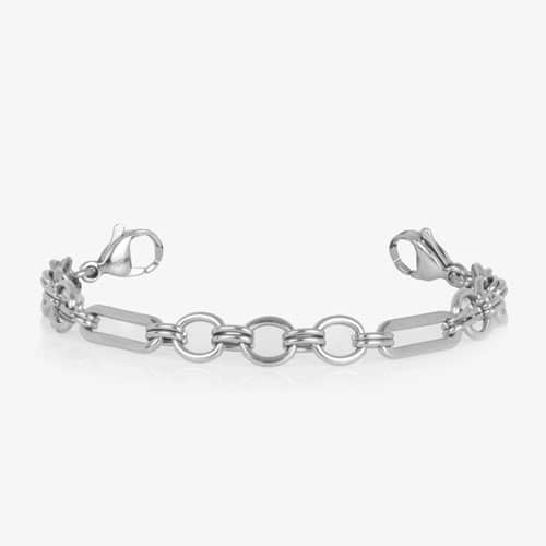 Classic silver tone chain in alternating link sizes and shapes which attaches to a tag using the 2 lobster clasps,