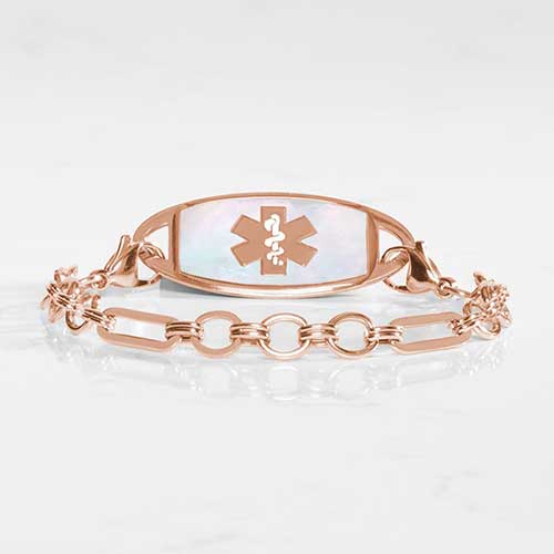 Classic rose tone chain in alternating link sizes and shapes which attaches to a tag using the 2 lobster clasps, displayed with a medical ID tag with a Rose tone medical symbol, and Mother of Pearl inlay.