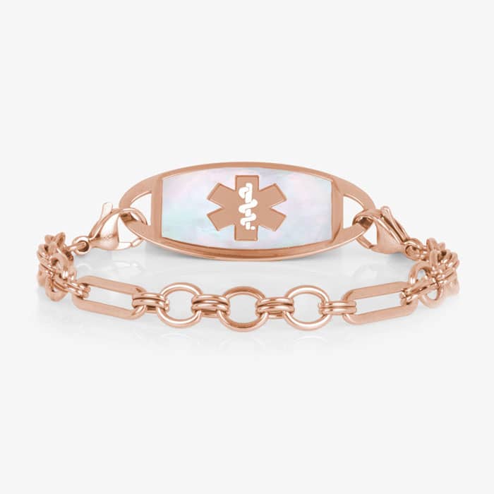 Classic rose tone chain in alternating link sizes and shapes which attaches to a tag using the 2 lobster clasps, displayed with a medical ID tag with a Rose tone medical symbol, and Mother of Pearl inlay.