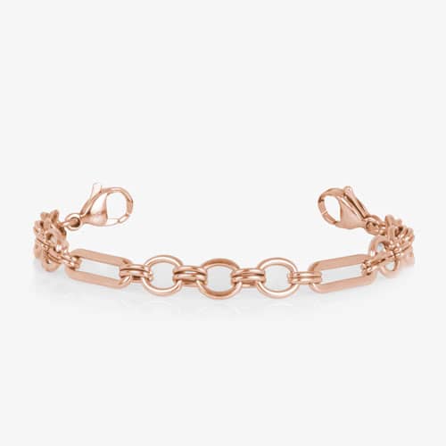 Classic rose tone chain in alternating link sizes and shapes which attaches to a tag using the 2 lobster clasps.
