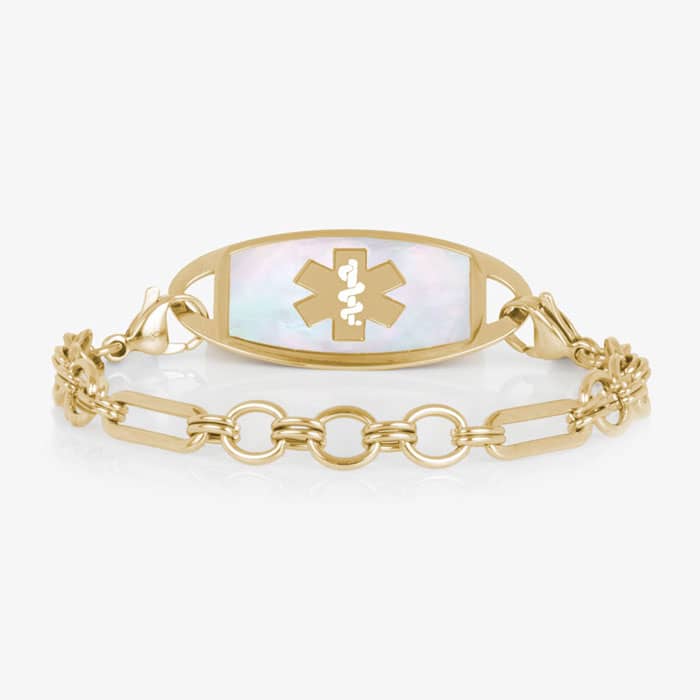Classic Gold tone chain in alternating link sizes and shapes which attaches to a tag using the 2 lobster clasps, displayed with a medical ID tag with a gold tone medical symbol, and Mother of Pearl inlay.