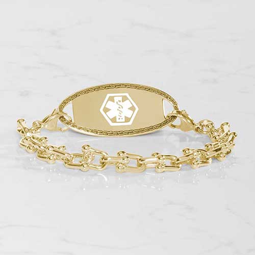 Gold-tone link medical ID bracelet featuring a polished ID tag with a white Star of Life symbol.