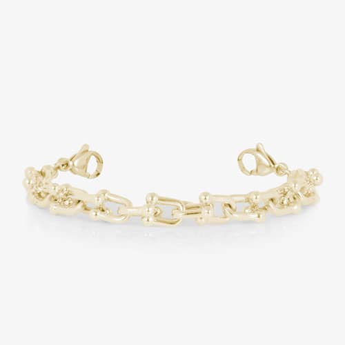 Gold-tone link bracelet with decorative barbell-style accents and lobster clasp closures.