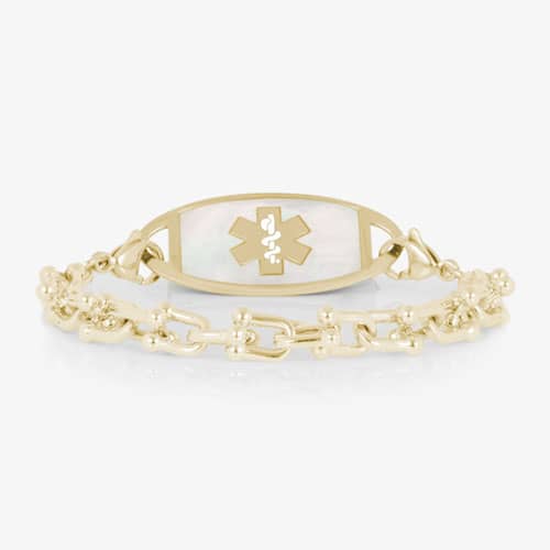Gold-tone link medical ID bracelet featuring a white mother-of-pearl tag with a gold Star of Life symbol.