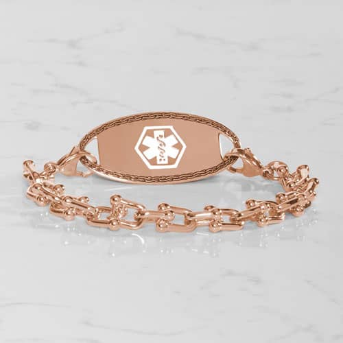Rose gold-tone link medical ID bracelet featuring a polished ID tag with a white Star of Life symbol.